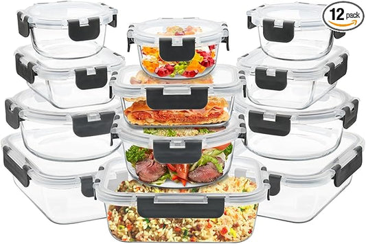 12 Pack Glass Food Storage Containers with Airtight Lids for Meal Prep, Leftover, BPA-Free, Leak-Proof, Freezer to Microwave Safe (12 Lids & 12 Containers)