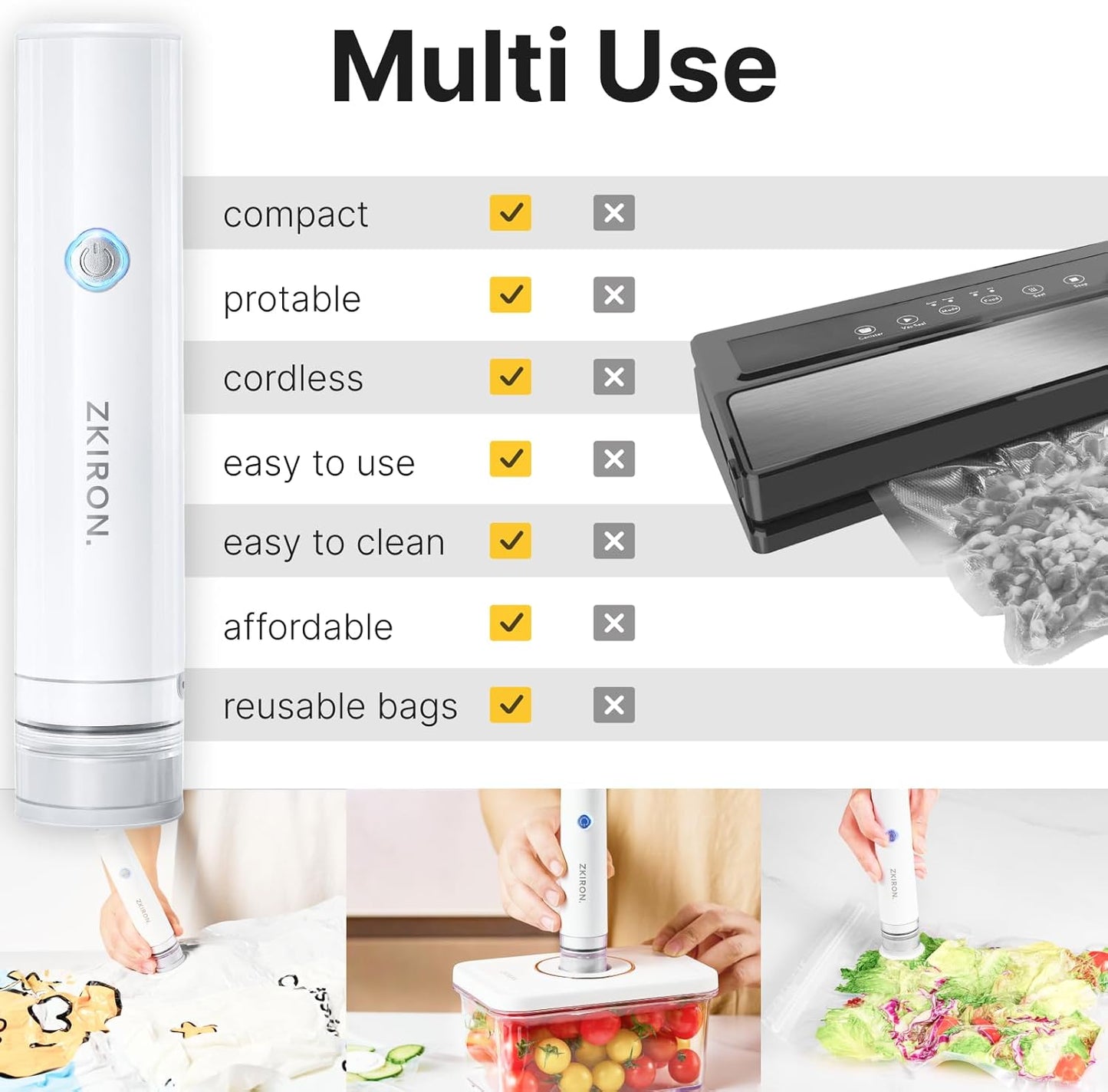 OneTouch Handheld Vacuum Sealer with 12 Reusable Vacuum Bags – Compact Food Sealer with Detachable Transparent Suction for Sous Vide, Meal Prep & Kitchen Storage, Portable Food Saver