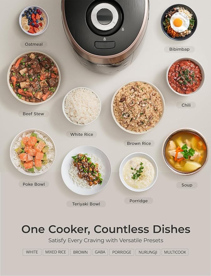 CUCKOO High Pressure Rice Cooker 6-Cup Uncooked / 12-Cup Cooked with Nonstick Inner Pot, Versatile Rice Maker with 12 Menu Options and Steam Plate, Fuzzy Logic Tech, Voice Guide, Black (CRP-P0609S)