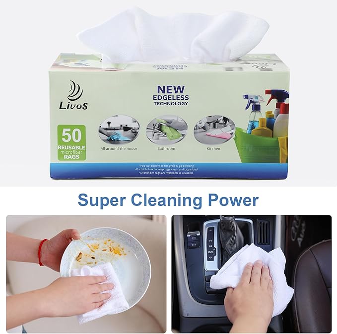 LIVOS 50 Pack Microfiber Cleaning Cloth in Box, Reusable Cleaning Rags, 11.5"x11.5", Edgeless Microfiber Wipes, Lint Free, Absorbent Shop Towels for Kitchen, Car, Glass (White)