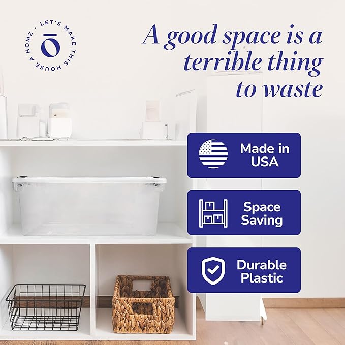 HOMZ 2-Pack Secure Latch, Clear Plastic Storage Organizer Bins, 64 Quart, Gray Latches - Stackable Container Boxes for Bedroom, Bathroom, Garage, and Office Organization