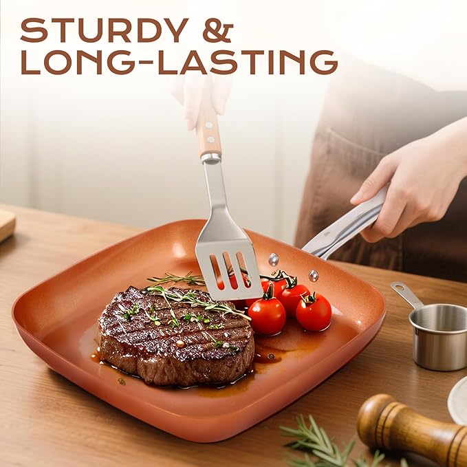 Non-Stick Copper Square Frying Pan, 12" Chef Skillet with Ceramic Coating, Oven Dishwasher Safe, PFOA-Free, Home Use for All Stoves