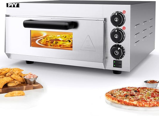 PYY Electric Pizza Oven - Indoor Countertop Pizza Ovens with Visual Window, 14 Inch 1800W Commercial Pizza Cooker with Pizza Stone and Timer, Silver
