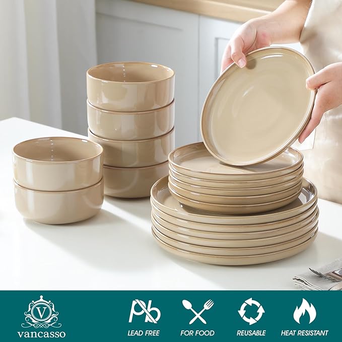 vancasso PLAYA Ceramic Plates and Bowls Sets, 18 Pieces Brown Dinnerware Sets for Kitchen, Reactive Glaze Dishes Set for 6, Dishwasher and Microwave Safe