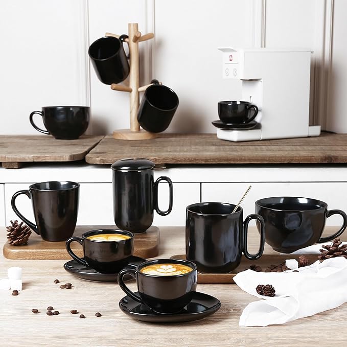 vicrays 6.5 oz Cappuccino Cups with Saucers, Set of 4, Ceramic Coffee Cup for Au Lait, Double shot, Latte, Cafe Mocha, Tea (Black)