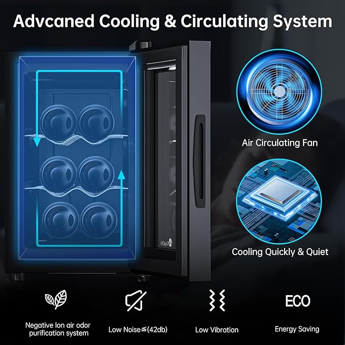 KingChii 6 Bottle Thermoelectric Wine Cooler Refrigerator Advanced Cooling Technology, Stainless Steel & Tempered Glass For Red Wine, Champagne for Home, Kitchen, or Office