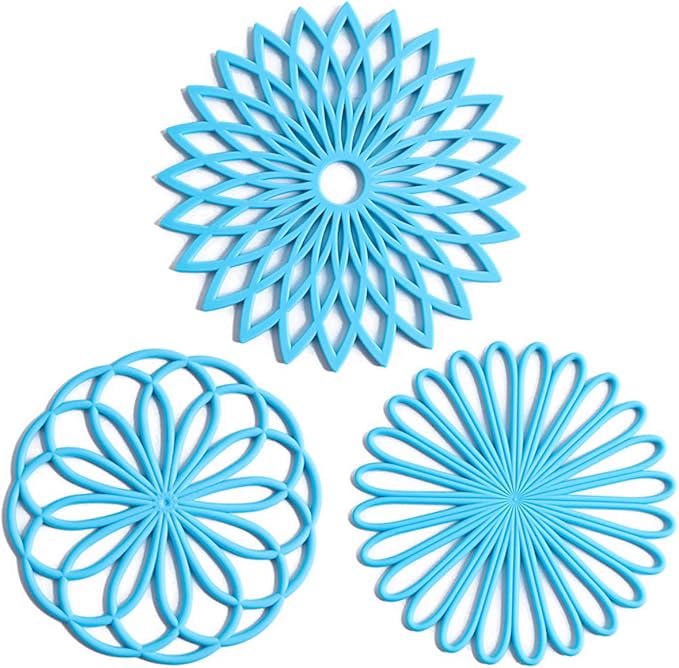 Set of 3 Silicone Trivet Mat - Hot Pot Holder Hot Pads for Table & Countertop - Trivet for Hot Dishes - Non-Slip & Heat Resistant Modern Kitchen Hot Pads for Pots & Pans, Sky Blue