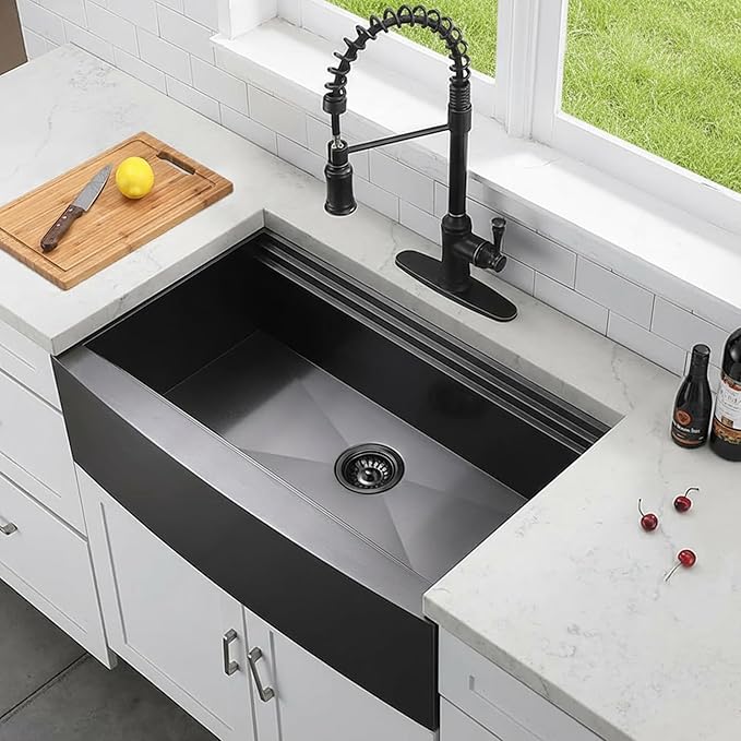 33 inch Black Farmhouse Sink, 16 Gauge Double Ledges Stainless Steel Farmhouse Kitchen Workstation, Apron Front Deep Single Bowl Kitchen Farm Farmer Style Sinks 33"x20"x9
