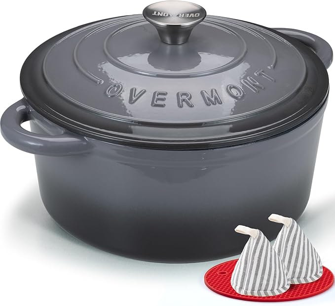 Overmont Enameled Cast Iron Dutch Oven - 5.5QT Pot with Lid Cookbook & Cotton Potholders - Heavy-Duty Cookware for Braising, Stews, Roasting, Bread Baking grey
