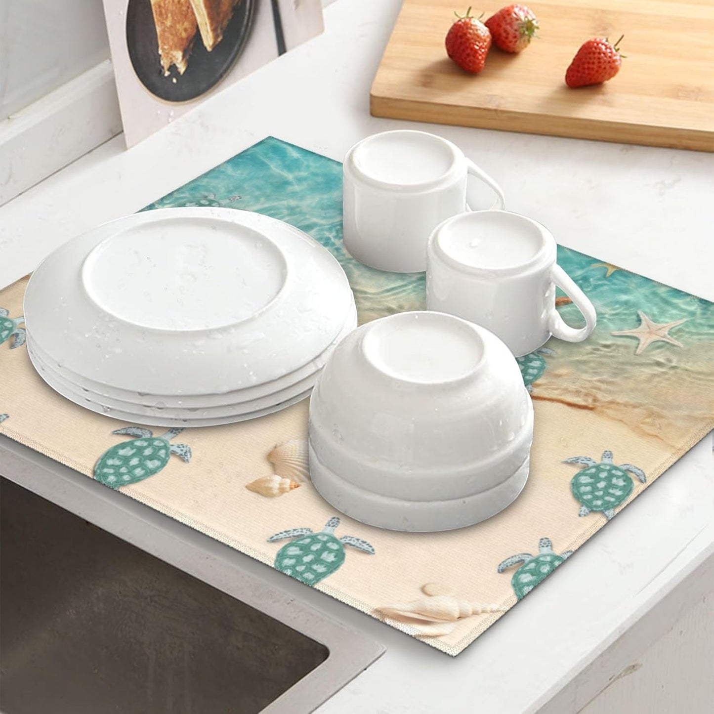 Sea Turtles Beach Dish Drying Mat for Kitchen Counter Washable Absorbent Reversible Microfiber Teal Nautical Decor Drying Pad Kitchen Accessories 16x18 Inch Yellow