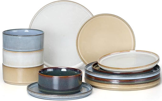 E-far 12-Piece Plates and Bowls Sets, Stoneware Dinnerware Dishes Sets for 4, Kitchen Modern Dining Dishware, Chip & Scratch Resistant, Microwave & Dishwasher Safe, Multicolor