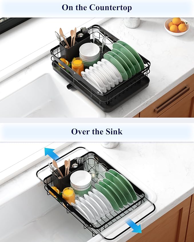 Kitsure Dish Drying Rack for Kitchen Counter, Stainless Steel Sink Organization and Storage Essentials with Cutlery Holder, Home and Appartment Decor, 12.2''W x 15.7''~23''L, Black