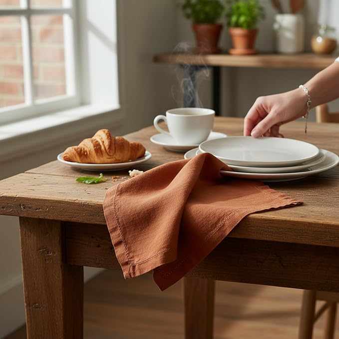 Hemstitched Linen Napkins – 20 Inch x 20 Inch – Stonewashed Pure Linen Cloth Dinner Napkins with Mitered Corners - 100% French Flax – Machine Washable - Set of 4 (Rustic Orange)
