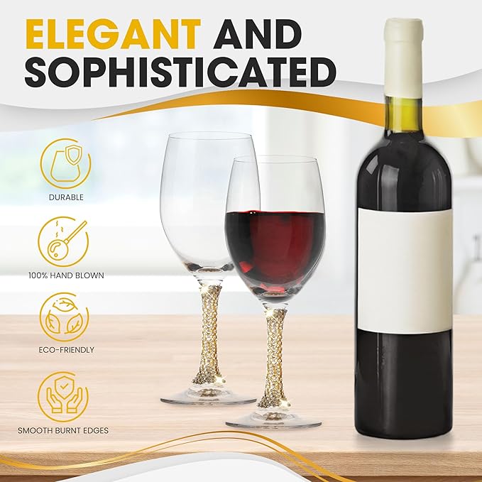 Premium Wine Glasses Set of 2 - Crystal Long Stem Wine Glass with Gold Rhinestone Stem Design - 12 oz