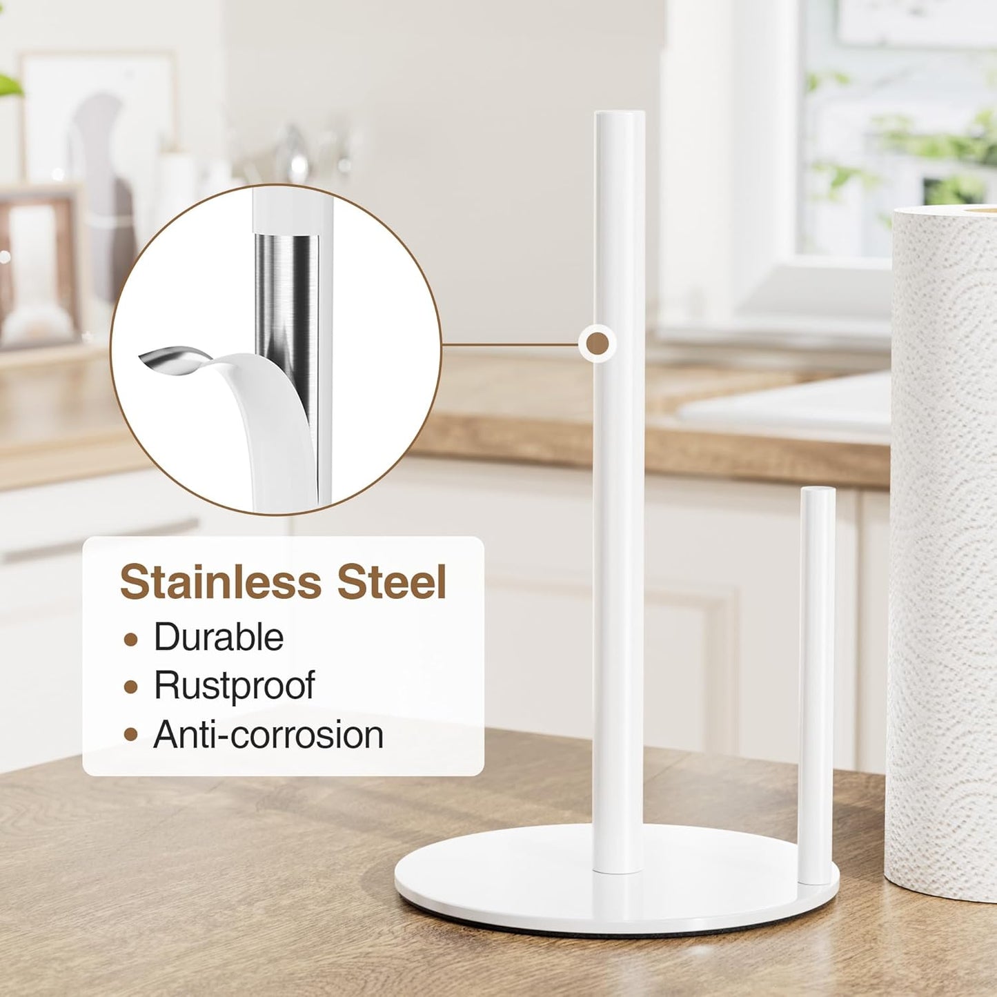 Paper Towel Holder White Kitchen Roll Holder, Paper Towel Holder for Kitchen Roll Organize, Countertop Roll Dispenser with Weighted Base