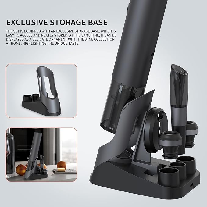 CIRCLE JOY Rechargeable Electric Wine Bottle Opener Set 7-in-1 Aluminum Alloy Wine Gift Set with 2-in-1 Electric Corkscrew & Vacuum Pump, Foil Cutter, Wine Pourer, Charging Base and 2 Wine Stoppers