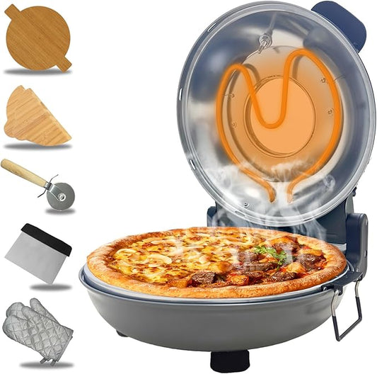 Pizza Oven Indoor, 12 Inch Retro Pizza Maker, Rapid Heating 800˚F, 1200W Glazed Ceramic Stone Electric Pizza Cooker, Two-button Precise Temperature Control, Viewing Window for Precise Cooking