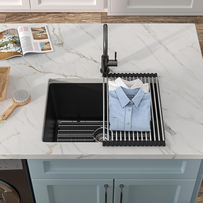 24 Undermount Laundry Sink - Fulorni 24"x18" Laundry Room Utility Sink Undermount Matte Black Granite Composite Quartz Classic 12 Inch Deep Single Bowl Under Counter Basin