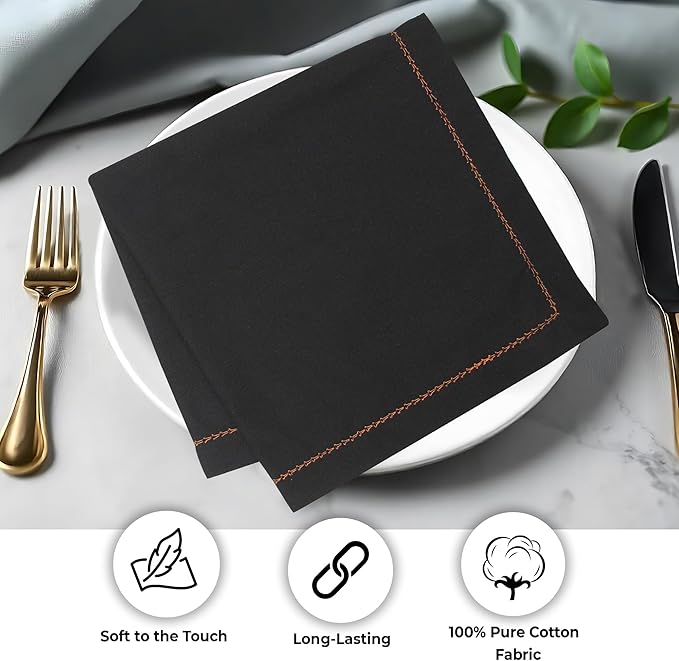 Urban Villa Halloween Cloth Napkins Black Orange Hemstitch Dinner Napkins Set of 12(20x20) Inches Premium Soft Cotton Highly Absorbent Reusable & Washable Dinner Table Napkins for Home and Weddings