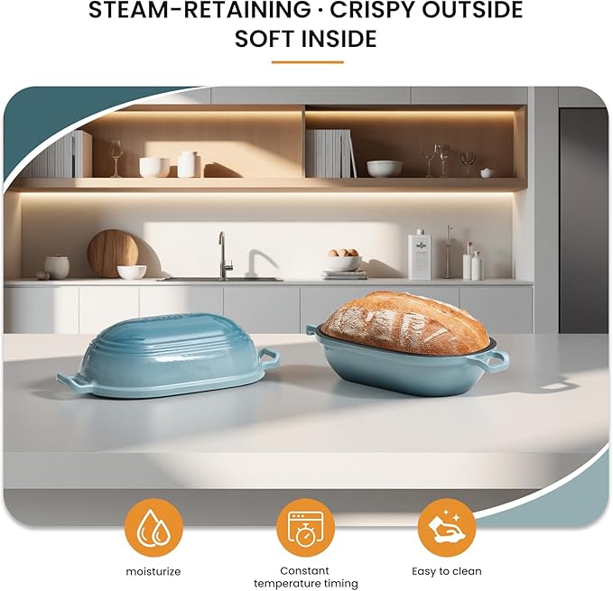 Enameled Cast Iron Dutch Oven for Sourdough Bread Baking,9 x 5-4/5 Inch Oval Cast Iron Bread Pan with Lid,Dutch Oven for Homemade Sourdough Baking,2.8QT Meatloaf Pan,Oven Safe