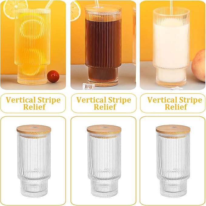 8 Pcs 11oz Ribbed Glass Cups With Bamboo Lids, Stackable, Vintage, Suitable for Coffee, Juice, Cocktails, Beer