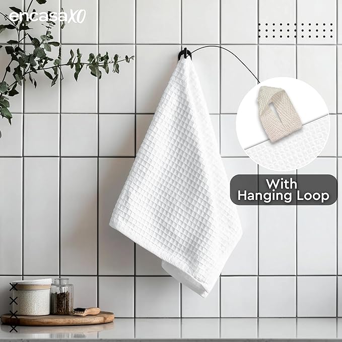Encasa XO Kitchen Dish Towels Set | White | Waffle Weave and Flat Hand Tea Towel | 28"x18" | Quick Drying Reusable Cotton Washcloths | Multipurpose Lightweight Dishcloths Set of 4