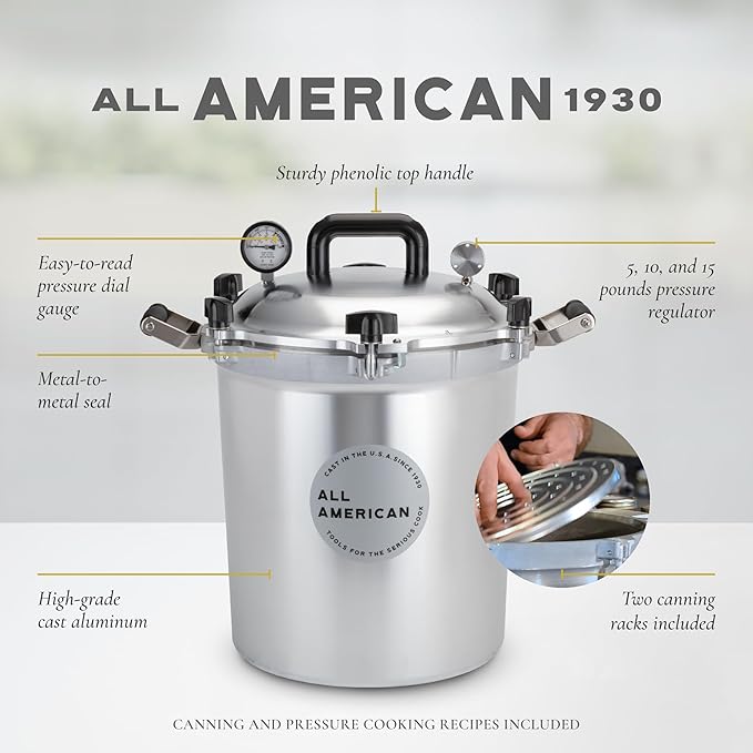 All American 1930: 30qt Pressure Cooker/Canner (The 930) - Exclusive Metal-to-Metal Sealing System - Easy to Open & Close - Suitable for Gas or Electric Stoves - Made in the USA