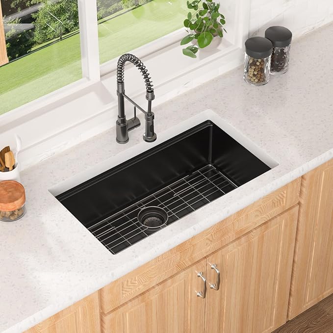 Lordear 33 Undermount Kitchen Sink Matte Black 33X19 Inch Sinks Ledge Workstation16 Gauge Stainless Steel Single Bowl Under Counter Kitchen Sink Basin with Built- in Accessories