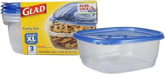 Glad GladWare Family Size Food Storage Containers, XL Square - Meal Container Holds up to 104 Ounces of Food - Lock Tight Seal, 3 Count