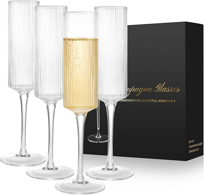 Topsky Ribbed Champagne Flutes, Set of 4, 8 oz Crystal Vintage Ridged Design, Clear Mimosa or Wedding Toasting Glasses