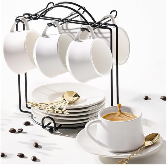 Lareina 3-Ounce Porcelain Espresso Cups Set of 6, Stackable Coffee Cups with Saucers, Spoons and Metal Stand, Ceramic Demitasse Mugs, Espresso Accessories for Machine, White