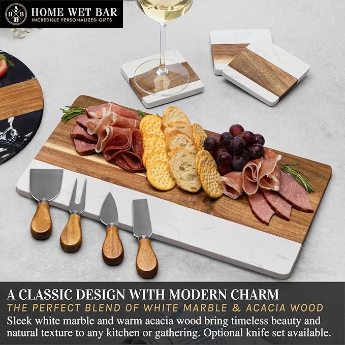 HomeWetBar Personalized Acacia Charcuterie Board | Custom 16" x 9" White Marble & Acacia Wood Cheese Board | Perfect Housewarming + Wedding + Couples Gift Idea