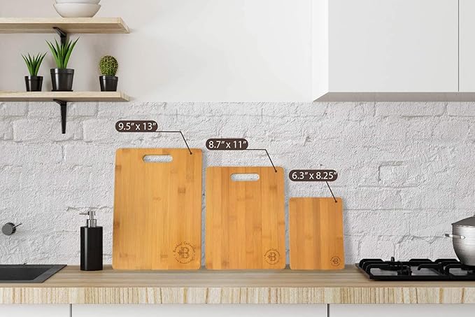 Bamboo Cutting Boards for Kitchen [Set of 3] Wood Cutting Board for Chopping Meat, Vegetables, Fruits, Cheese, Knife Friendly Serving Tray with Handles, 3 Piece Large, Medium, Small Size for Food Prep