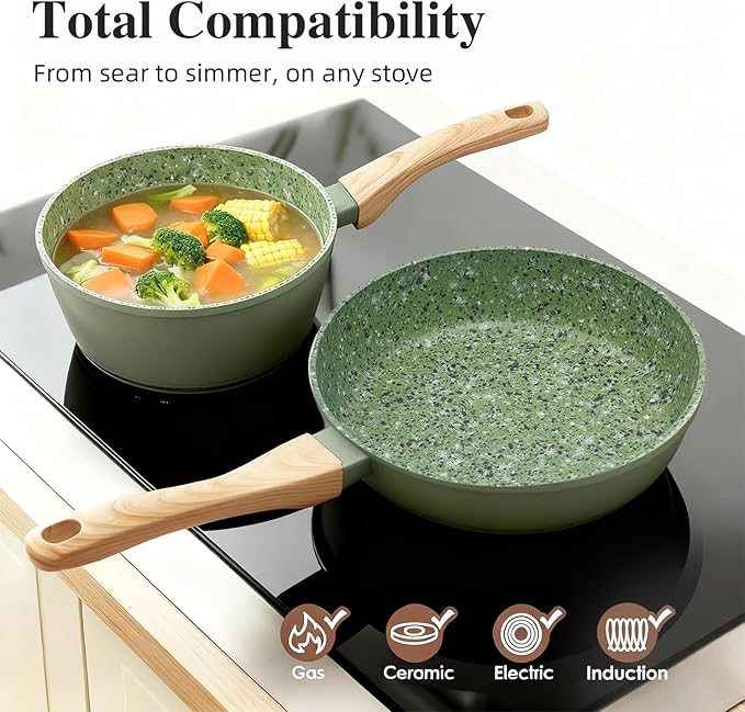 3-Piece Nonstick Cookware Set, 8.5 Inch Frying Pan & 2 Pots with Lids | PFAS & PFOA Free Non-Toxic Coating | Induction Compatible, Dishwasher Safe | Pots and Pans Set for Beginner Kitchen