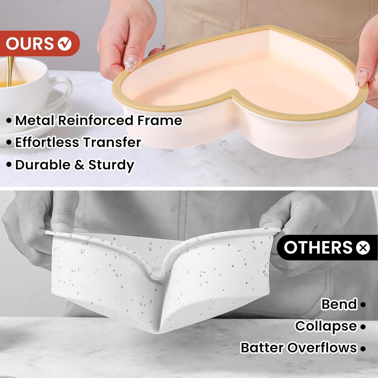 Metal Reinforced Frame Silicone Heart Shaped Cake Pans - 10 Inch, Nonstick Molds for Cake Pan, Reusable and Easy to Release, Food Grade Silicone for Oven, Dishwasher, Freezer (2 Pack)