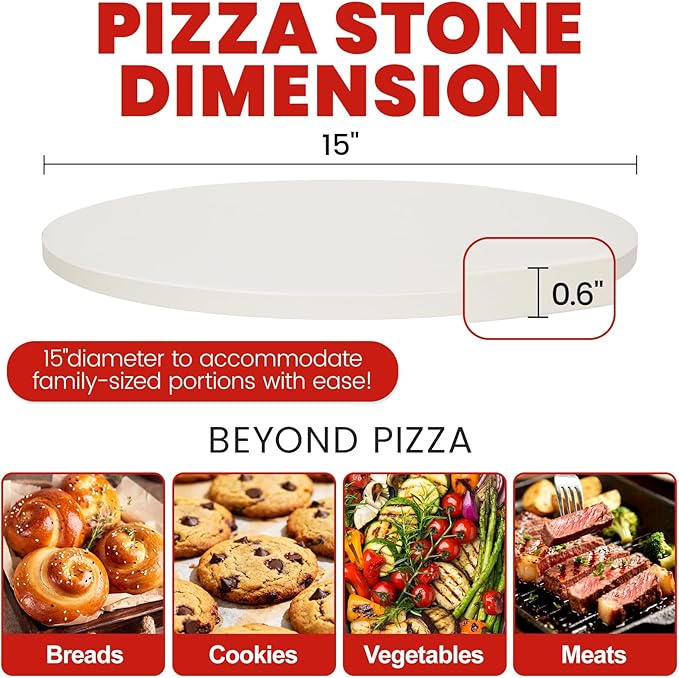 GOOD GAIN Pizza Stone for Oven Grill - Cordierite Baking Stone for Bread, Pies | 15'' Round Oven Stones for Cooking | Indoor,Outdoor | Durable, Heat Shock Resistant (White)