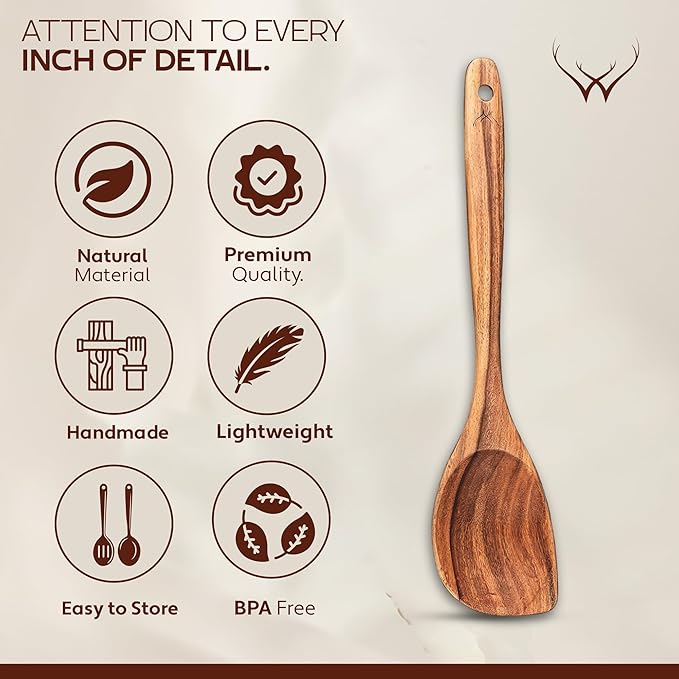 Corner Wooden Spoon for Cooking 12” Long Handle - Cooking Utensils Set for Women & Chefs, Elegant Wooden Kitchen Utensil Set with Rest, Essential Wooden Utensil Set for Kitchen & Perfect Gifts