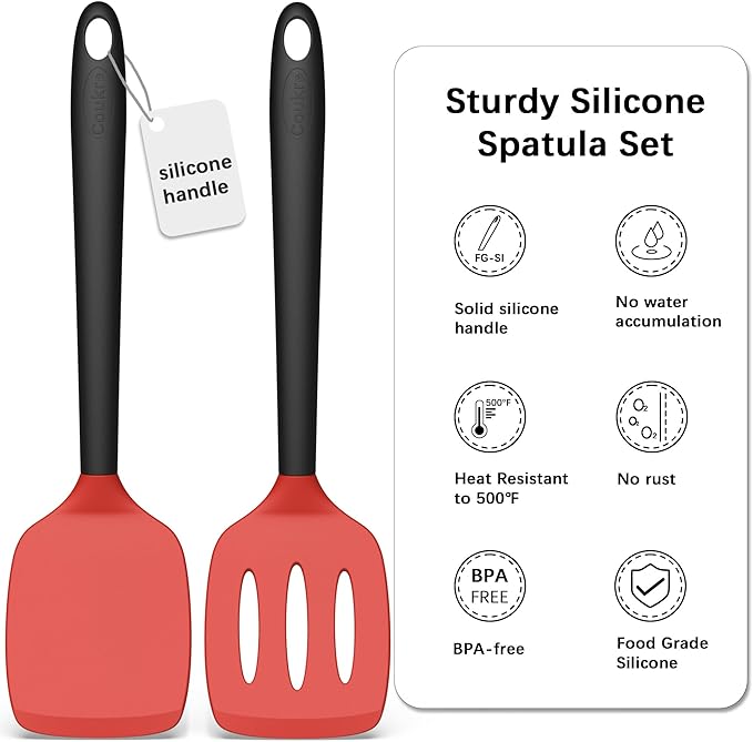 Coukre 2 Pack Silicone Spatula Set, High Heat Resistant, BPA Free Kitchen Spatula, Solid & Slotted Turner for Non-Stick Pans, Sautéing, and Flipping (2, Red)