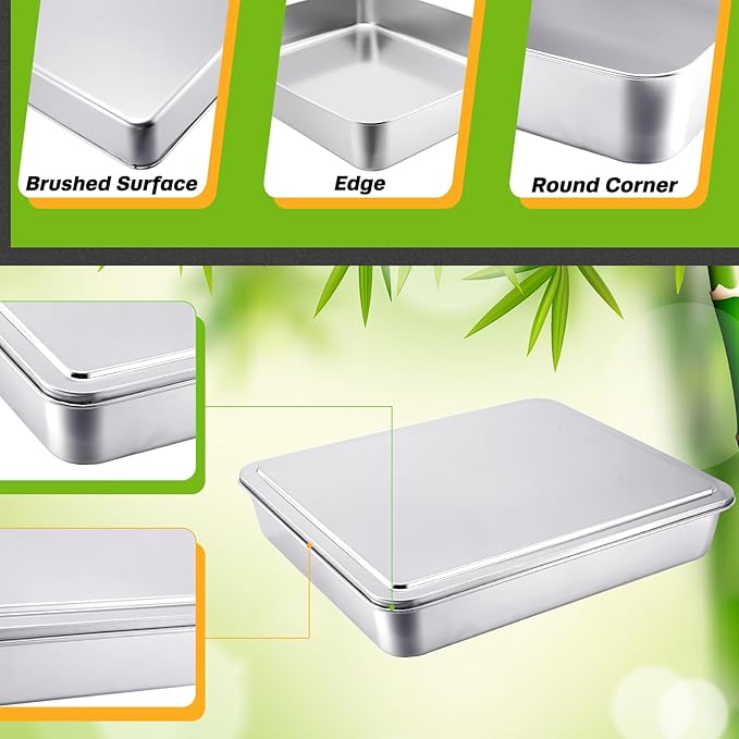 Tioncy 3 Set Stainless Steel Covered Cake Pan with Lid 11 x 9 Inches Rectangle Sheet Baking Pan with Covers Bakeware with Lids for Cakes Breads Casseroles Fish Vegetables and More