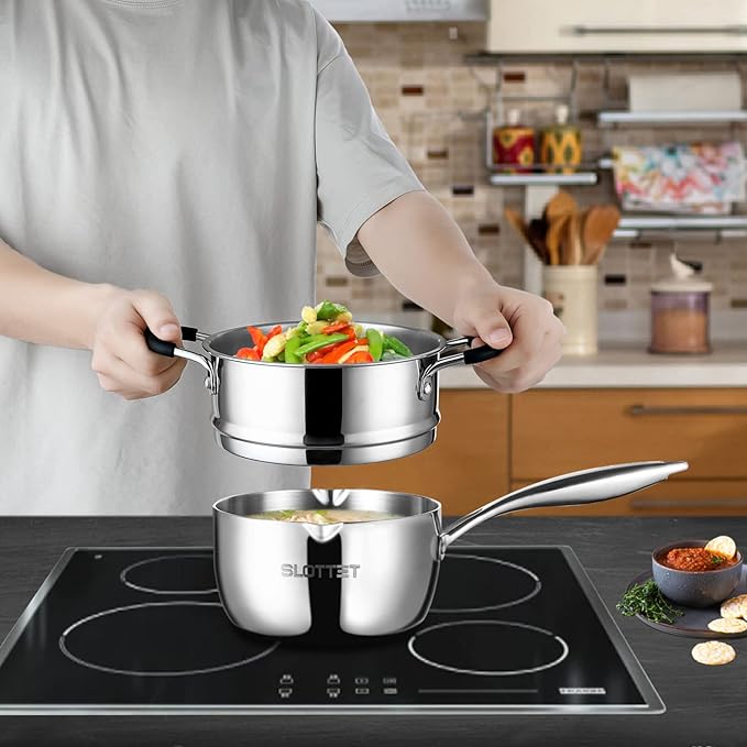 3.5 Quart Stainless Steel Saucepan with Steamer, Tri-Ply Full Body Small Multipurpose Pot with Pour Spout,Strainer Glass Lid, 3 Qt Sauce Pan for Cooking with Stay-cool Handle.