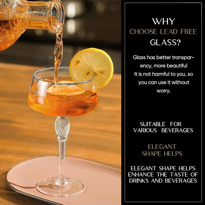 Silver Martini Glasses,Coupe Glass set of 4,Cocktail,Silver Rimmed&Rhinestones,Margarita,Cocktail,Scocktail Glass.Champagne Tower,Art Deco Glassware,Home Parties,9OZ.