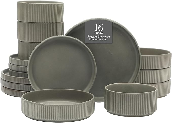 Gibson Elite Deerfield 16-Piece Stoneware Dinnerware Set – Soft Grey Reactive Glaze, Stackable Plates and Bowls, Service for 4 – Microwave & Dishwasher Safe