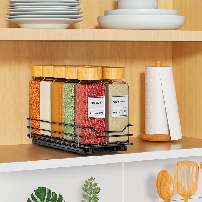RCHYFEED Pull Out Spice Rack Organizer for Cabinet,Slide out Spice Organizer for Inside Cabinets,Heavy Duty Spice Organization for Kitchen and Pantry,Seasoning,Sauces(1-Tier,4.5" Wx10.5 Dx2.5 H)