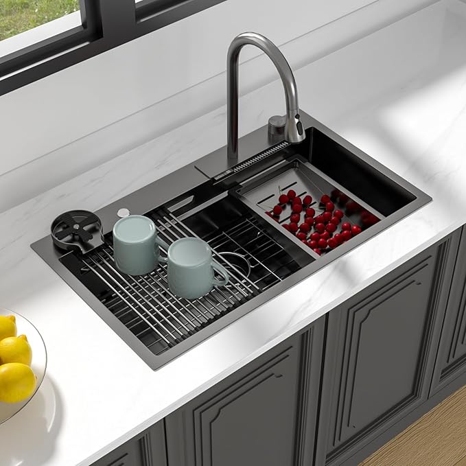 Lordear 33 Inch Black Smart Waterfall Drop In Kitchen Sink With Faucet 33x19 Inch Worktation Topmount Sink 16 Gauge Stainless Steel Single Bowl Ledge Kitchen Sinks Handmade