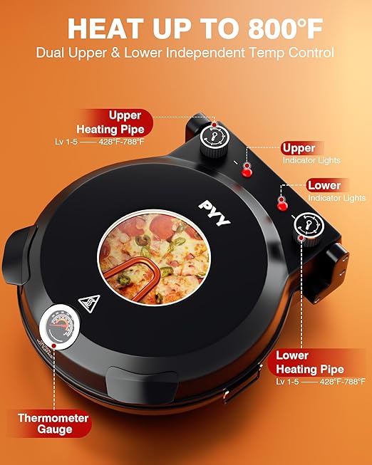 PYY Pizza Oven Indoor 12 Inch Electric Pizza Oven Countertop Heats up to 800℉ with Pizza Stone Viewing Window Thermometer Table Top Pizza Cooker Portable Pizza Maker Machine for Home Patio RV Dorm