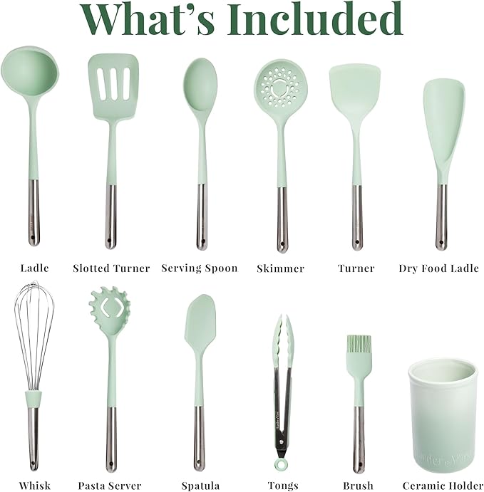Larder & Vine 12-Piece Silicone Kitchen Cooking Utensils Set with Stainless Steel Handle and Ceramic Holder, Dishwasher Safe Set of Kitchen Essentials (Sage)