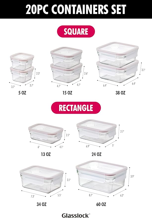 GLASSLOCK Smart 20-Piece Glass Food Storage Set - 100% Airtight & Leakproof, BPA Free lids, Freezer to Oven Safe, Meal Prep