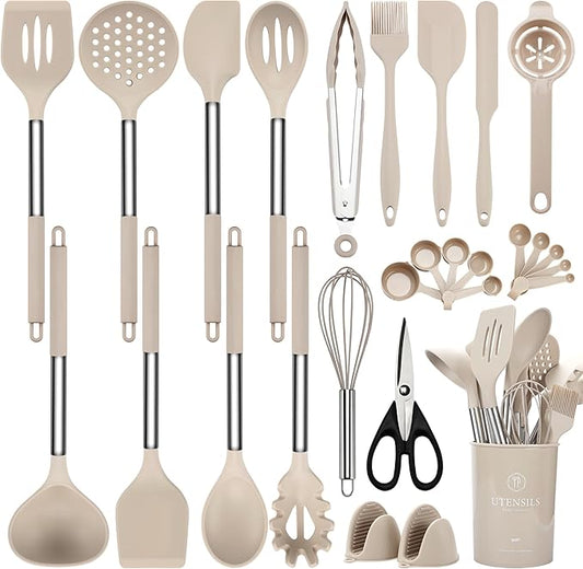 Silicone Cooking Utensils Set, 28 Pcs Kitchen Utensils Set for cooking, 446°F Heat Resistant Spatula Set, Food Grade Silicone and Stainless Steel Handle Kitchen Gadgets for Nonstick Cookware BPA Free