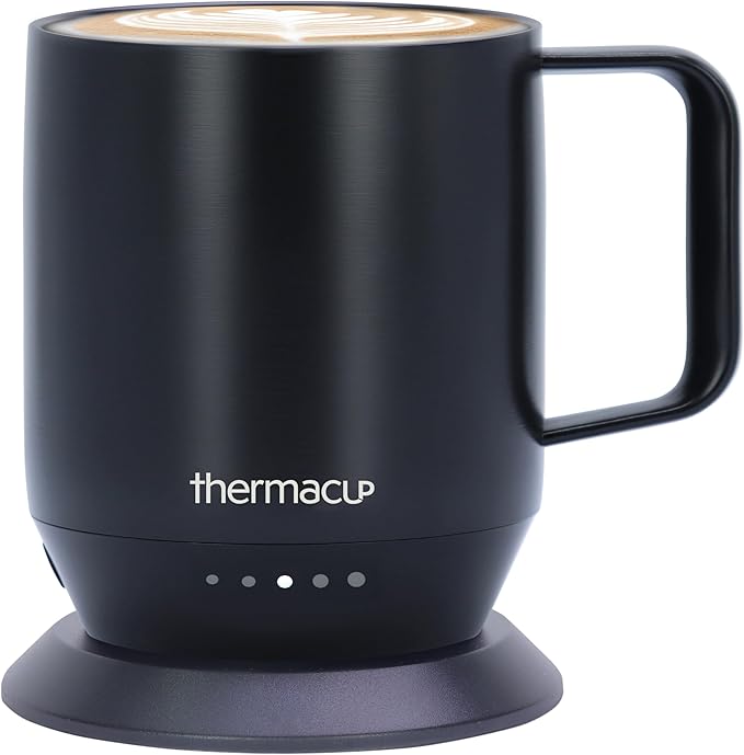 Premium Heated Coffee Mug with 5 Temperature Settings, Industry-Leading Smart Electric Cup, Up to 8-Hour Battery, 12oz with Lid (14oz Total Capacity) Midnight Black
