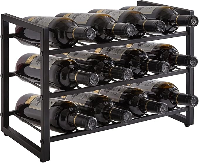 IBUYKE Wine Racks Countertop, 3 Tiers Metal Wine Rack,Wine Rack Freestanding Storage 12 Bottle Capacity, for Home Kitchen, Pantry, Wine Cellar, Bar, Black UTMJ906H